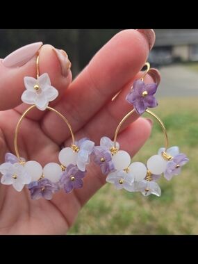 Gold Hoop Earrings with Lavender & White Flower Charms